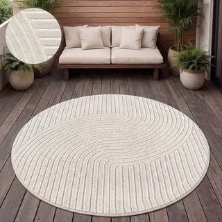 Paco Home Outdoor Teppich Wetterfest Balkon Wohnzimmer Skandinavisches Boho Einfarbig Grösse 120 cm Rund - Creme