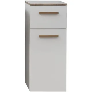 Pelipal Badezimmerschrank Quickset 931 in Weiß Glanz / Kante Riviera Eiche, 30 cm breit | Unterschrank mit 1 Tür, 1 Schubkasten und 1 Einlegeboden