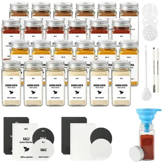 JAECU 24pcs Gewürzgläser Eckig mit Aluminiumdeckel, 120ml Glasbehälter mit Streueinsatz, Luftdichte Gewürzdosen inkl. Trichter, Permanentmarker, Bürste & Etiketten (Weiß)