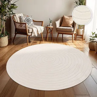 TT Home In-& Outdoorteppich Wetterfest Balkon Schlafzimmer Boho Skandi Motiv Unifarben Geometrische Optik Moderner Style Größe 120 cm Rund - Creme