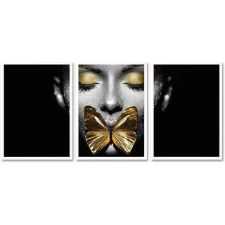 Leonique Bild mit Rahmen »Gesicht Schmetterling Gold - Gerahmter Digitaldruck - Wandbild«, (3er-Set), 3x 30x40 cm - Holzrahmen - Dekoration - Weißer Rahmen - Triptychon, goldfarben