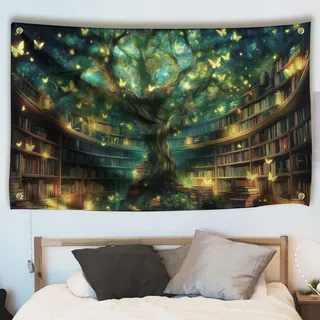 WEBEEDY Fantasy Bibliothek Wandteppich Geheimnisvoller Baumhaus Bücherregal Wandbehang Hexen Bibliothek Hintergrund Lesen Buch Wandteppiche Für Schlafzimmer Büro Wohnheim 180x110cm