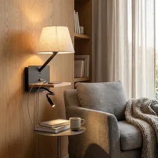 BARCELONA LED Wandleuchte LED Leseleuchte mit USB & USB-C, Warmweiß 2700K, Stoffschirm Beige, Flexarm 3W verstellbar, Holzablage, Schwarz, Nachttischlampe Schlafzimmer Hotel Modern