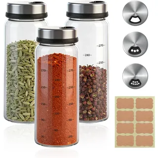 AKINSTER 3 Stück Gewürzgläser 300ml Gewürzstreuer mit Drehdeckel Salzstreuer Gross Luftdicht Gewürzstreuer Glas Groß Spice Jars mit 3 Arten von Gewürzlöchern für Küche BBQ Grillen Kochen