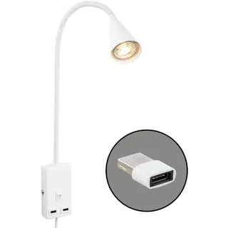 BRILONER - Leselampe mit USB Port, Ein/Aus-Schalter, schwenkbar, Stecker, Wandleuchte Innen, Wandlampe, Bettlampe, Lampe Bett, Leselicht, Nachttischlampe, 50 cm hoch, Weiß