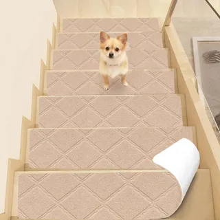YushengTai Treppenstufen Matten, 15 Stück Treppenteppich Selbstklebend rutschfest, Wiederverwendbar Stufenmatten Zum Schutz von Haustieren und Älteren Kindern (Beige, 55 cm x 19 cm)