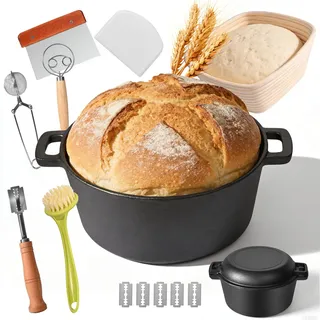 Brotbacktopf 26cm Gusseisen Topf Brot Backen, Backen inkl. Gärkorb, Bäckermesser & Teigschaber, Extra Groß Brotbackform Dutch Oven Vielseitiger Bräter zum Backen, Schmoren, Braten, Kochen