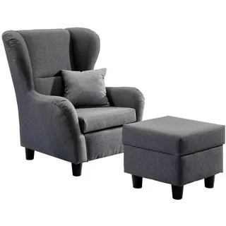 luma-home Ohrensessel mit Hocker, hoher Sitzkomfort durch Wellenunterfederung B90/H98/T76 cm, Strukturstoff Grau / 18001 , Textil , Füllung: Polyurethan (Pur) , einzeln stellbar,Quadratisch , 90x98x76 cm , Wohnzimmer, Sessel, Ohrensessel