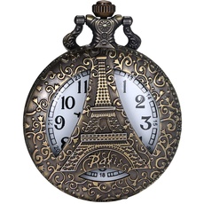 JewelryWe Taschenuhr Vintage Eiffelturm Hohle Openwork Quarz Analog Uhr mit Kette Halskette Bronze Geschenk für Herren Damen