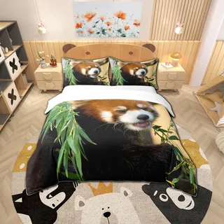 Homemissing Rot Panda Bettwäsche Set 135x200cm Niedliches Tiermuster Betten Set Für Kinder Jungen Roter Panda Blätter Drucken Bettbezug Set Atmungsaktive Natur Schlafzimmer Kollektion 2St