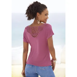 Kurzarmshirt VIVANCE "mit Spitzeneinsatz im Rücken", Damen, Gr. 44/46, lila (beere), Single Jersey, Obermaterial: 95% Viskose (LENZINGTM ECOVEROTM), 5% Elasthan. Spitze: 100% Baumwolle, unifarben, figurumspielend normal, Rundhals, Shirts Kurzarmshirt, aus elastischem Viskose Jersey, sommerlich leicht, Topseller