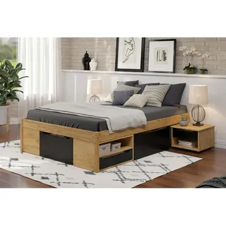 Mid.you Stauraumbett , Naturfarben, Schwarz , Holz , Kiefer , massiv , 11 Fächer , 7 Schubladen , Höhe ca. 20 cm , 140x200 cm , FSC Mix , Lattenrost, mit Schubkästen , Babymöbel & Kindermöbel, Kinderzimmer & Jugendzimmer, Kinderbetten, Kinderbetten & Jugendbetten