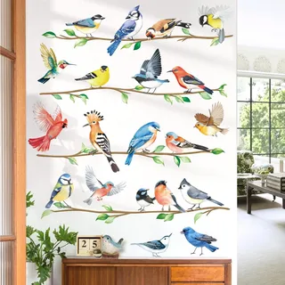 decalmile Wandsticker Frühling Vögel auf Baum Ast Wandtattoo Sommer Grüne Blätter Zweige Wandaufkleber Wohnzimmer Schlafzimmer Sofa Hintergrund Wanddeko