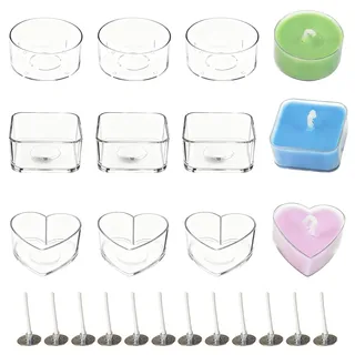 12er Set Teelichthalter, 3 Formen (Herz, Rund, Quadratisch) Transparente Kerzengläser zum Gießen inkl. 12 Dochte, Kunststoff Teelichter für DIY Kerzen, Hochzeitsdeko, Geburtstag & Tischdeko