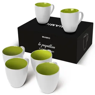 MIAMIO - 6 x 350 ml Kaffeetassen/Kaffeebecher Set - Tassen Set 6er Modern - Le Papillon Kollektion (Weiß-Grün)