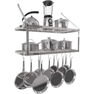 Vdomus Hanging Pot und Pan Rack - Wand montiertes Hang -Topfregal für Küchenlager und Organisation - Silber 2 -tierende Wandregal für Töpfe und Pfannenaufbewahrung