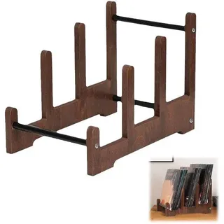 Ibenzoa® Massiver Vinylständer aus Holz – robuster Retro-Display mit 3 Fächern für LPs & CDs, polierte Oberfläche, stabile Aufbewahrung - Braun
