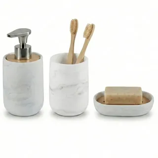 Kook Time Badezimmer Set 3-teilig - Seifenspender mit Pumpe aus Zinklegierung, Zahnputzbecher und Seifenschale - Polyresin Weiß Marmor-Optik und Bambus - Modernes Badzubehör Rostfrei