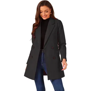 Allegra K Damen Mantel mit gekerbtem Revers zweireihiger Gürtel mittellanger Outwear Wintermantel, Schwarz, M