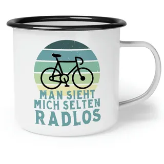 OM3® Fahrrad Emaille-Tasse mit Spruch - Man Sieht Mich selten Radlos | Emailletasse Emaille Becher | 12oz 300ml | Beidseitig Bedruckt | Weiß-Schwarz