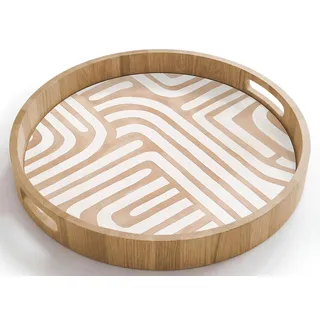 OnlyWow© Holztablett Küchentablett Servier Tablett Eiche Serviertablett | 40x40 cm - Rund - Eichenholz Servierplatte Mit Henkel Kaffeetablett Erdtöne - Labyrinth-Muster