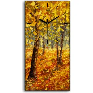 Wanduhr Bürouhr Leinwand Bild Geräuschlos 30x60 Gemälde Wald Bäume Herbst Natur - schwarze Hände - Orange