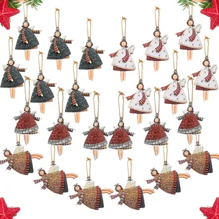 24 Stück Holz Weihnachtsengel Anhänger, Doppelseitig Gemustert Christbaumschmuck mit Bindeschnur - Für Weihnachten Anhänger Dekoration an Fenster & Weihnachtsbaum (Set-A)
