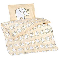 Aminata Kids Kinderbettwäsche Elefanten, Afrika, Kinder, Jungen, Mädchen, Baby Bettwäsche-Set 100 x 135 cm - Baumwolle, beige, weich & kuschelig mit Reißverschluss
