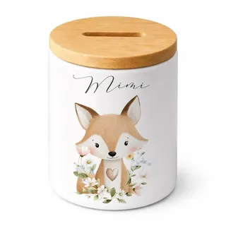 Personalisierte Spardose aus Keramik mit Namen – Waldtiere Motive – Sparbüchse mit abnehmbarem Bambusdeckel für Kinder – Geschenk zur Geburt, Taufe & Geburtstag (Fuchs)