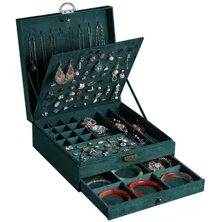 GYJOYERO Schmuckkästen für Damen 3 Schichten großer Schmuck-Organizer Aufbewahrungsbox für Ohrringe Halsketten Ringe Armbänder Schmuckhalter abschließbar Schmuckkästchen (grün)