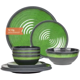 Camping Tafelgeschirr aus Melamin für 4 Personen 12-teilig | spülmaschinenfest | Picknick Geschirrset | Geschirr Campinggeschirr I Stone Green Design