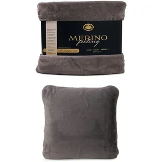 Gözze Wendewohndecke Merino und 2er Set Merino-Kissenhülle, 180x220 cm + 50x50 cm, Farbe: anthrazit