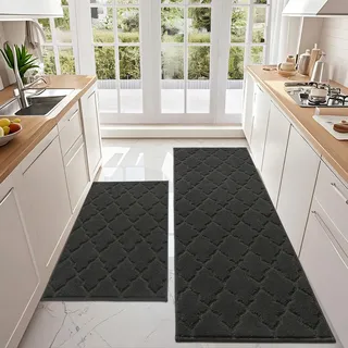 COSY HOMEER Küchenteppich 2 Stück, Teppich Küche Waschbar rutschfest, Küchenläufer, Teppichläufer Flur, Teppich Läufer für Küche, Flur, Wohnraum (60 x 90 cm + 60 x 150 cm, Schwarz)