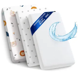 Spannbettlaken Kinderwagen Baby Spannbetttücher 3er Set: 50x83 cm - 2X Bettlaken + 1x wasserdichter Matratzenschoner - Babybett Zubehör für Kinderbett Beistellbett Stubenwagen 50 x 83