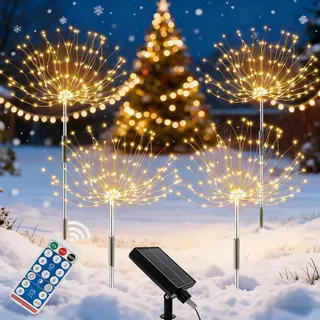 XRR Solarlampen für Außen, 4 Stück 120 LED Solarleuchten Feuerwerk 8 Modi Solarlichter Pusteblume mit Fernbedienung Wetterfest Solarstecker Gartenbeleuchtung für Halloween Weihnachtstag Deko