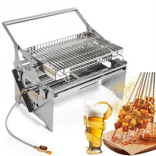 Tragbarer Holzkohle-Gasgrill, drehbarer Campinggrill mit Griffen, Edelstahl Faltbarer Smoker Grill für Kochen im Freien und Picknick