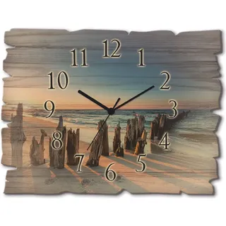 ARTland Holz Wanduhr Funkuhr - schwarzer Zeiger Sonnenuntergang Strand Wellenbrecher Größe: 40x30 cm - Ocker