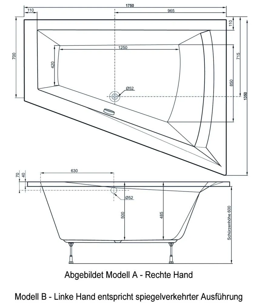 Bild von Delta II Modell A Whirlpoolbadewanne 135 x 175 cm