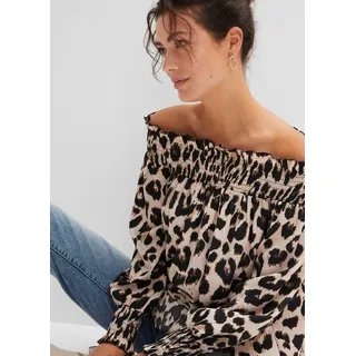 Longbluse BONPRIX, Damen, Gr. 40, beige (kreidebeige, braun leo bedruckt), Obermaterial: 100% Polyester, oversize, Blusen Longbluse, Oversize-Passform, Vokuhila-Schnitt, mit Rüschen, aus Polyester