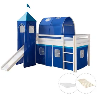 Homestyle4u Hochbett 90 x 200 cm Kiefer massiv lackiert Blau/Weiß