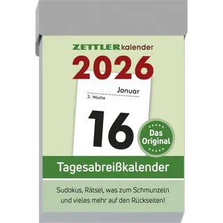 Zettler Tagesabreißkalender S 2026 – Abreißkalender 4 × 6 cm, 1 Tag Seite mit Sudoku, Rezepten, Rätseln & Tipps auf 1 4x6cm, 2025 4069095000544 Zettler