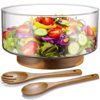 NiHome Salatschüssel Glas Set mit Salatzange aus Akazienholz, Salatschüssel Groß und erhöhter Stabilität, vielseitige Servierschale für Salate, Obst, Hauptgerichte