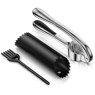 Arendo – Edelstahl Knoblauchpresse Ingwerpresse – Zinklegierung – leicht zu greifen, große Hebelwirkung – inkl. Knoblauchschäler und Reinigungsbürste - für Knoblauch und Ingwer