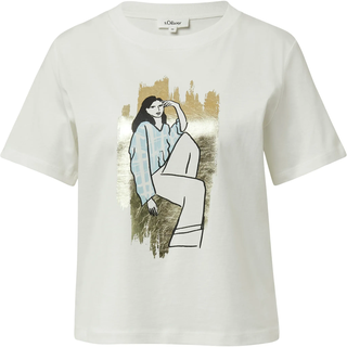 T-Shirt S.OLIVER, Damen, Gr. 40, weiß (sanftes weiß), Jersey, Obermaterial: 100% Baumwolle, Glitzermuster, bedruckt, normal hüftbedeckend, Rundhals, Shirts T-Shirt, mit Flitzer-Print