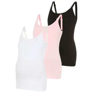 Umstandsshirt NEUN MONATE "3er Pack Umstands Tops", Damen, Gr. 44/46, bunt (schwarz, weiß, rosa), Single Jersey, Obermaterial: 95% Baumwolle, 5% Elasthan, unifarben, Basic, Basic, Rundhals, verstellbar, Shirts Umstandsshirt, ohne Ärmel, mit Rundhalsausschnitt, mit Stillmöglichkeit, Topseller