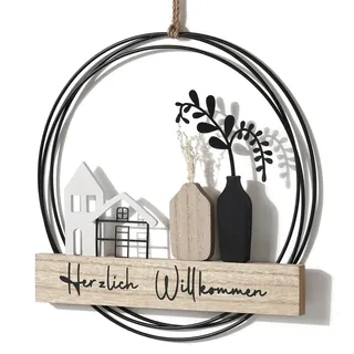Optyuwah Türkranz Trockenblumenkranz - Türkranz Herzlich Willkommen Trockenblumen Fensterdeko Hängedeko personalisiert Dekokranz mit Willkommensschild Vase und Haus ø28cm Wandschmuck