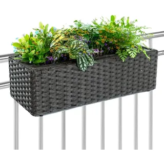 BAKAJI Blumenkasten in Rattan-Optik mit Haken und Ringen für Balkon, Blumentopf für Balkon und Tisch für Außen und Innen, Halterung mit 1 Fach, UV-beständig, 54 x 22 x 17 cm