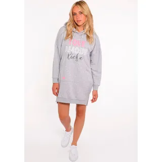 Sweatkleid ZWILLINGSHERZ "Love Amour Liebe", Damen, Gr. M, N-Gr, grau (light grau), Sweatware, Obermaterial: 50% Baumwolle, 50% Polyester, unifarben, lässig geschnitten kniefrei, hoch geschlossener Ausschnitt, angesetztes Bündchen, Kleider Sweatkleid, mit praktischen Fronttaschen und bedruckter Kordel