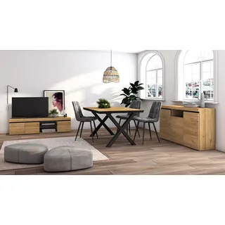 Skraut Home - Wohnzimmermöbel-Set | Tisch 140 Rand Schwarze X-Beine 6 Personen | Lowboard 160 | Sideboard/Buffetschrank 140 | Eiche und Schwarz | Industrieller Stil