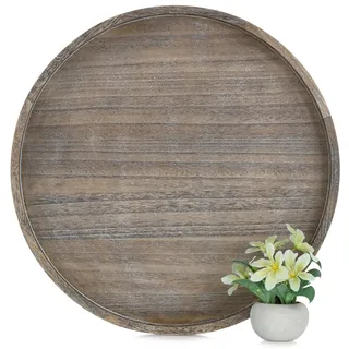 Hanobe Tablett Groß XXL Vintage Holz Rund mit Henkel für Hocker 56cm | Landhaus Dunkelbraun Dekotablett, Rustikal Serviertablett, Deko Tablett Gross mit Griff für Bett Couch